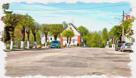 Picture from a photo. Oil paint. Imitation. Illustration. Cityscape. City Center, Victory Streetの写真素材