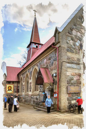 Picture from a photo. Oil paint. Imitation. Illustration. Temple of the Icon of the Mother of God of Kazan in the village of Yantarnoye in Svetlogorsk district, Kaliningrad region (former Lutheran church in Palmnicken)の写真素材