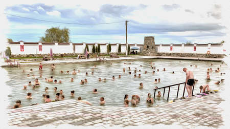 Oil paint on canvas. Picture with photo, imitation of painting. Illustration. People swimming in the hot springs with mineral waterの写真素材