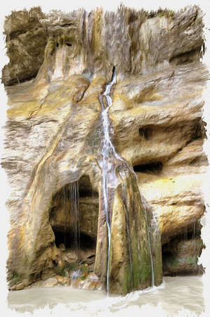 Oil paint on canvas. Picture with photo, imitation of painting. Illustration. Caucasus. Cascade of waterfalls in Chegem canyonの写真素材