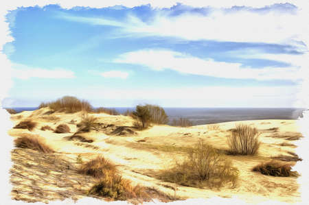 Picture from a photo. Oil paint. Imitation. Illustration. Kaliningrad region. View of the Curonian Spit, from the height of the dune Efa. Monument of natureの写真素材
