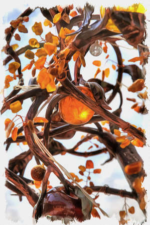 Picture from a photo. Oil paint. Imitation. Illustration. Amazing metal tree with amber leaves and amber fruits on the observation deck of the Primorsky quarry of the Amber Combineの写真素材