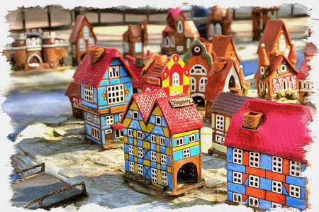 Picture from a photo. Oil paint. Imitation. Illustration. Scale model of the ancient city of Koenigsberg, made from souvenir housesの写真素材