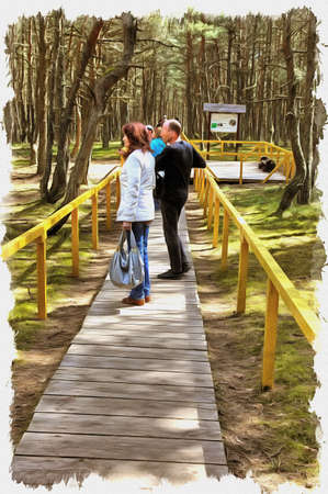 Picture from a photo. Oil paint. Imitation. Illustration. Kaliningrad region. Curonian Spit. Dune Round. Dancing forestの写真素材