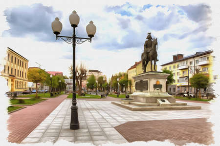 Picture from a photo. Oil paint. Imitation. Illustration. Monument to the outstanding Russian commander, General-Field Marshal Barclay de Tolly in the center of the city on Lenin Squareの写真素材