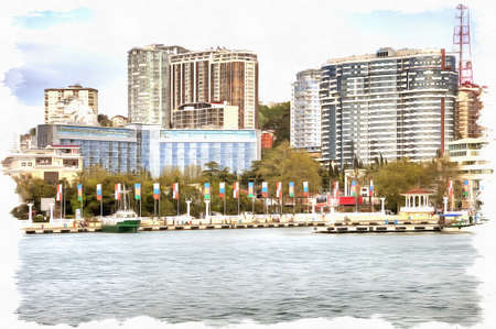 Oil paint on canvas. Picture with photo, imitation of painting. Illustration. Modern urban building resorts and hotels on the shores of the Black Seaの写真素材