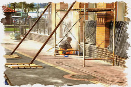 Picture from a photo. Oil paint. Imitation. Illustration. The worker tiler makes laying of a tile on a socle of a facade of the houseの写真素材