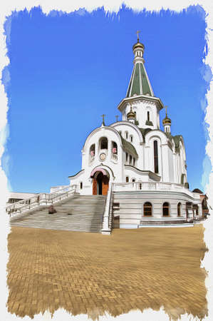 Picture from a photo. Oil paint. Imitation. Illustration. The Church of the Holy Great Prince Alexander Nevsky in Kaliningradの写真素材