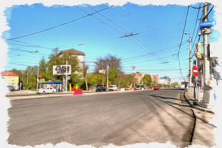 Picture from a photo. Oil paint. Imitation. Illustration. Cityscape. City center. Leninsky prospectの写真素材