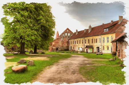 Picture from a photo. Oil paint. Imitation. Illustration. Restored farm buildings Castle Insterburg. Chernyakhovsk sityの写真素材