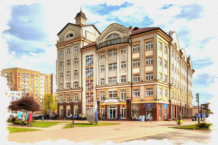 Picture from a photo. Oil paint. Imitation. Illustration. Rybnaya derevnya in the city of Kaliningrad. The buildings are built in the German styleの写真素材