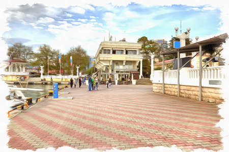 Oil paint on canvas. Picture with photo, imitation of painting. Illustration. Cutters are in marine port of cityの写真素材