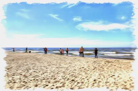 Picture from a photo. Oil paint. Imitation. Illustration. Sand beach. Coast of the baltic seaの写真素材