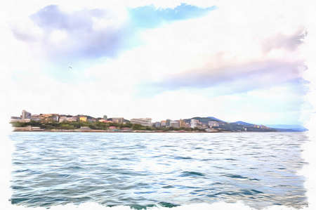 Oil paint on canvas. Picture with photo, imitation of painting. Illustration. Modern urban building resorts and hotels on the shores of the Black Seaの写真素材