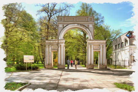 Picture from a photo. Oil paint. Imitation. Illustration. Arch over the entrance to the city park of culture and restの写真素材