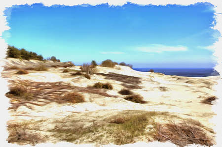 Picture from a photo. Oil paint. Imitation. Illustration. Kaliningrad region. View of the Curonian Spit, from the height of the dune Efa. Monument of natureの写真素材