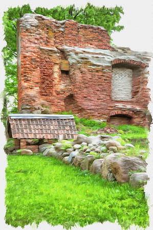 Picture from a photo. Oil paint. Imitation. Illustration. The ruins of the castle of Insterburg, the East Prussian medieval defensive structure. Chernyakhovsk sityの写真素材