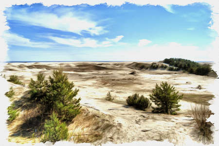 Picture from a photo. Oil paint. Imitation. Illustration. Kaliningrad region. View of the Curonian Spit, from the height of the dune Efa. Monument of natureの写真素材