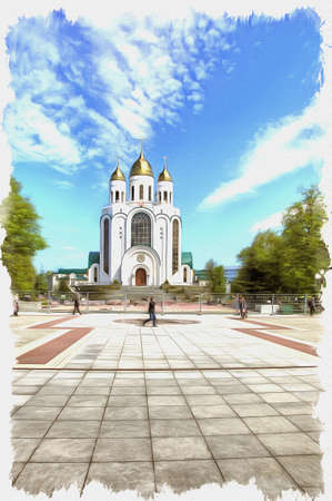 Picture from a photo. Oil paint. Imitation. Illustration. The Cathedral of Christ the Savior on Victory Square, the main square of the cityの写真素材