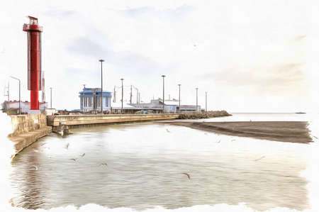 Oil paint on canvas. Picture with photo, imitation of painting. Illustration. Complex of building of municipal marine port and mouth of the river Sochiの写真素材