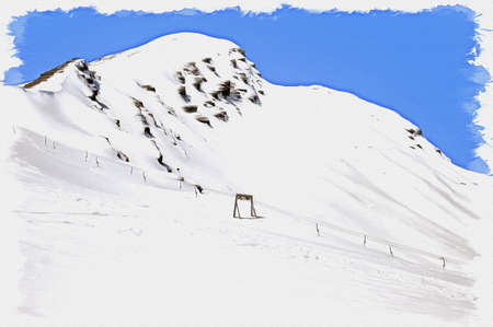 Oil paint on canvas. Picture with photo, imitation of painting. Illustration. Great Caucasus Range. Top of the mountain Chegetの写真素材