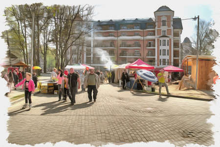 Picture from a photo. Oil paint. Imitation. Illustration. City resort in the Kaliningrad region. Dinamo street. Tourists and townspeople at the city fairの写真素材