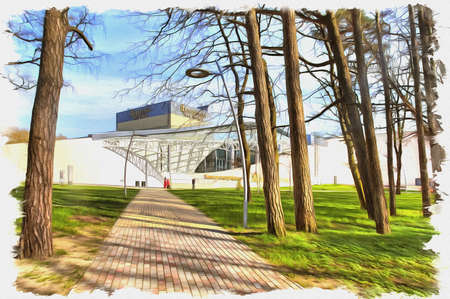 Picture from a photo. Oil paint. Imitation. Illustration. City resort in the Kaliningrad region. The modern multifunctional cultural center Amber Hallの写真素材