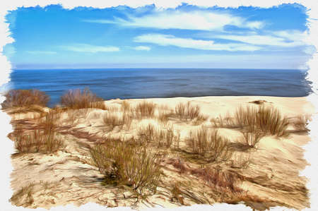 Picture from a photo. Oil paint. Imitation. Illustration. Kaliningrad region. View of the Curonian Spit, from the height of the dune Efa. Monument of natureの写真素材