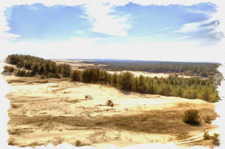 Picture from a photo. Oil paint. Imitation. Illustration. Kaliningrad region. View of the Curonian Spit, from the height of the dune Efa. Monument of natureの写真素材