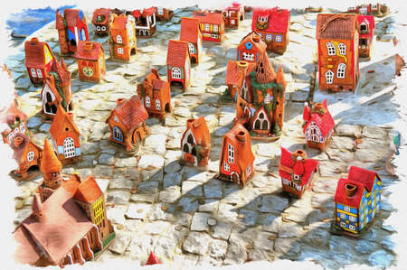 Picture from a photo. Oil paint. Imitation. Illustration. Scale model of the ancient city of Koenigsberg, made from souvenir housesの写真素材
