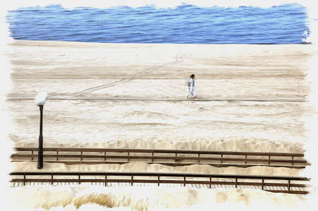 Picture from a photo. Oil paint. Imitation. Illustration. Wooden promenade along the Baltic Sea coast near the village of Yantarnyの写真素材