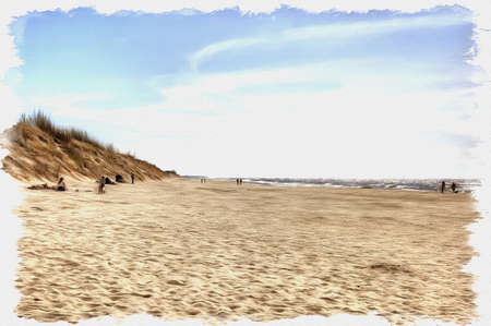 Picture from a photo. Oil paint. Imitation. Illustration. Sand beach. Coast of the baltic seaの写真素材