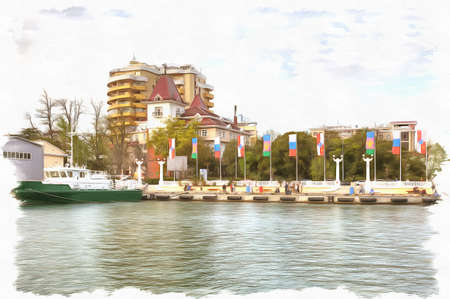 Oil paint on canvas. Picture with photo, imitation of painting. Illustration. Modern urban building resorts and hotels on the shores of the Black Seaの写真素材