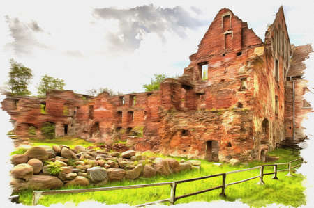 Picture from a photo. Oil paint. Imitation. Illustration. The ruins of the castle of Insterburg, the East Prussian medieval defensive structure. Chernyakhovsk sityの写真素材