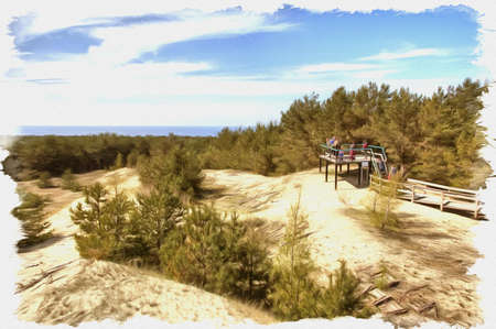 Picture from a photo. Oil paint. Imitation. Illustration. Kaliningrad region. View of the Curonian Spit, from the height of the dune Efa. Special observation deck for touristsの写真素材