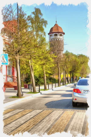Picture from a photo. Oil paint. Imitation. Illustration. City resort in the Kaliningrad region. Water tower, a monument of architecture, one of the symbols of the cityの写真素材