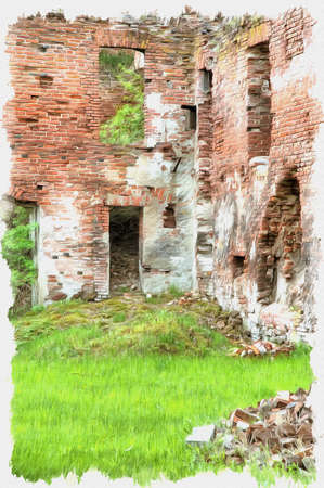 Picture from a photo. Oil paint. Imitation. Illustration. The ruins of the castle of Insterburg, the East Prussian medieval defensive structure. Chernyakhovsk sityの写真素材