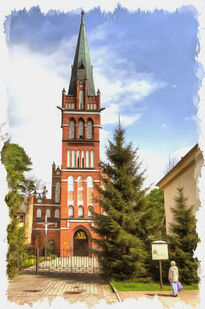 Picture from a photo. Oil paint. Imitation. Illustration. The Church of St. Bruno of Querfurt is a Catholic church in the city of Chernyakhovsk. Architectural monument, built in 1902の写真素材