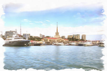 Oil paint on canvas. Picture with photo, imitation of painting. Illustration. Cutters are in marine port of cityの写真素材