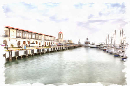 Oil paint on canvas. Picture with photo, imitation of painting. Illustration. Yachts are in marine port of cityの写真素材