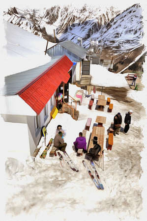 Oil paint on canvas. Picture with photo, imitation of painting. Illustration. Great Caucasus Range. A small cafe on the alpine slopes of mountain Chegetの写真素材
