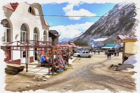 Oil paint on canvas. Picture with photo, imitation of painting. Illustration. Settlement of municipal type of Cheget. Resting place of tourists and skiers near the foot of mountain Chegetの写真素材