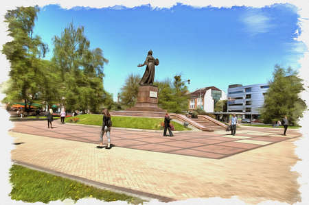 Picture from a photo. Oil paint. Imitation. Illustration. Motherland - Mother sculpture in a public garden in the city centerの写真素材