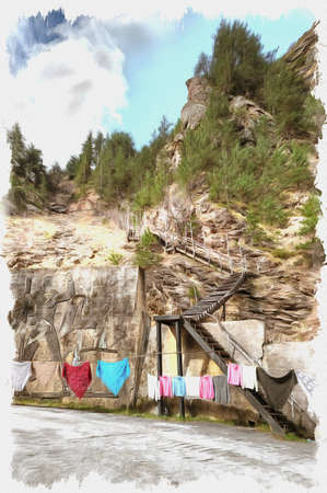 Oil paint on canvas. Picture with photo, imitation of painting. Illustration. Canyon of Adyr-Su. Market of the knitted things next to a funicularの写真素材