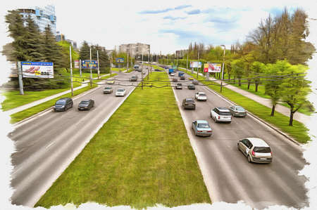 Picture from a photo. Oil paint. Imitation. Illustration. Moskovskiy Prospekt. One of the main thoroughfares of the cityの写真素材