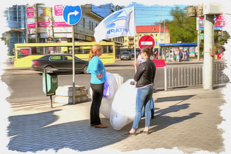 Picture from a photo. Oil paint. Imitation. Illustration. Residents of the city are waiting for the start of the May Day demonstration in the city centerの写真素材