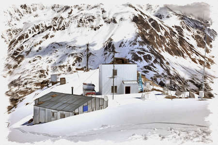Oil paint on canvas. Picture with photo, imitation of painting. Illustration. Great Caucasus Range. View of a weather station on the mountain Chegetの写真素材