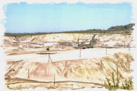 Picture from a photo. Oil paint. Imitation. Illustration. Excavation pit of the Amber Combine for the extraction of amber sun stone. The village of Yantarnyの写真素材
