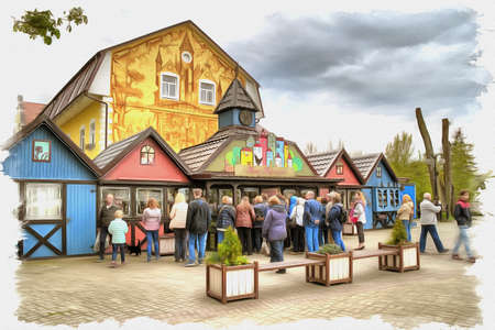 Picture from a photo. Oil paint. Imitation. Illustration. City of Masters. Small souvenir and jewelry shops in the central square in the village of Yantarnyの写真素材