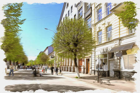 Picture from a photo. Oil paint. Imitation. Illustration. City landscape. Victory Street in Sovetsk cityの写真素材